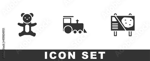 Set Teddy bear plush toy, Toy train and Amusement park billboard icon. Vector.