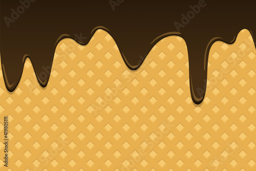 Vector waffle background with dripping drops of chocolate ice cream. Flat design. Realistic waffle surface for various purposes of your design. Ice cream, chocolate.