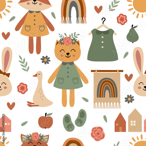 seamless pattern with cute animals and  baby girl elements