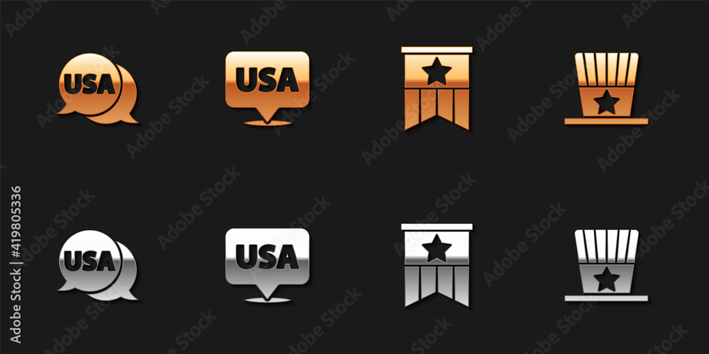 Set USA label, Independence day, American flag and Patriotic top hat icon. Vector.