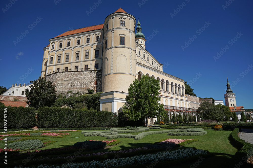 Mikulov baroque Castle with chateau garden with ornamental flowers, popular touristic destination with guided tour, Mikulov, Czech Republic