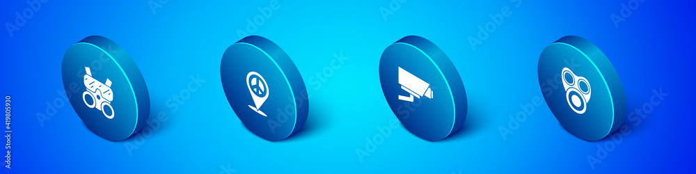 Set Isometric Gas mask, Security camera, and Location peace icon. Vector. Set Isometric Gas mask, Security camera, and Location peace icon. Vector.