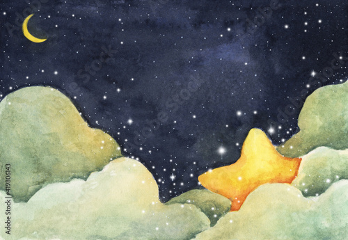 Watercolor painting of night sky with crescent moon and shining stars.