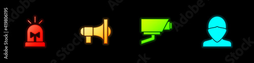 Set Flasher siren, Megaphone, Security camera and Vandal icon. Vector.