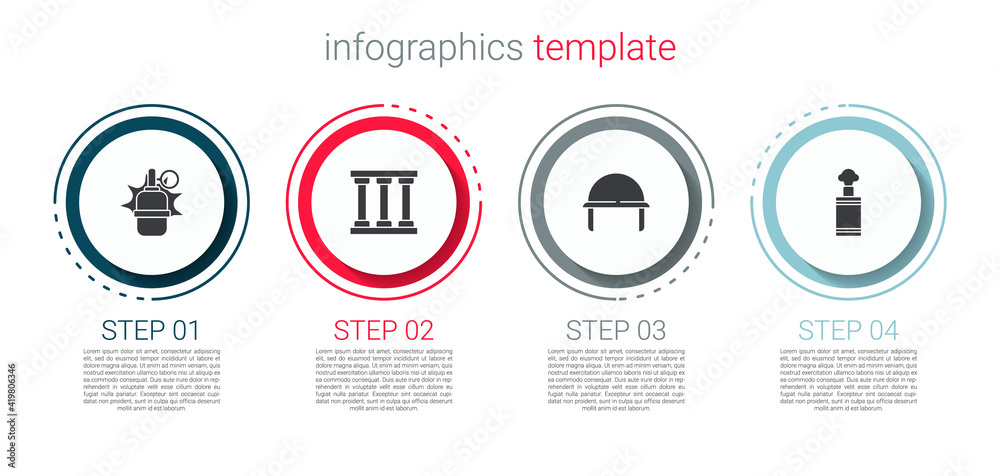 Set Hand grenade, Prison window, Military helmet and . Business infographic template. Vector. Set Hand grenade, Prison window, Military helmet and . Business infographic template. Vector.