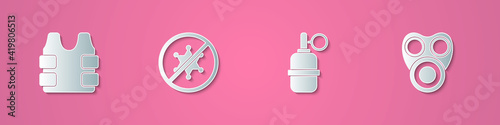 Set paper cut Bulletproof vest, Protest, Hand grenade and Gas mask icon. Paper art style. Vector.
