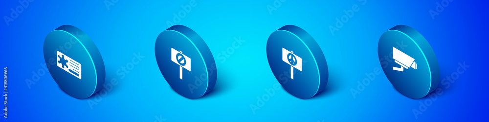 Set Isometric Police badge, Peace, Security camera and Protest icon. Vector. Set Isometric Police badge, Peace, Security camera and Protest icon. Vector.