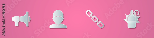 Set paper cut Megaphone, Vandal, Chain link and Hand grenade icon. Paper art style. Vector.