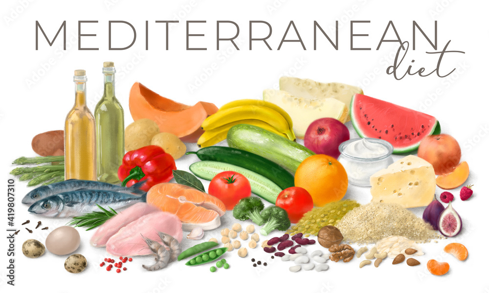 Nutrition concept for Mediterranean diet. Assortment of healthy food ingredients for cooking. Hand drawn illustration. - obrazy, fototapety, plakaty 