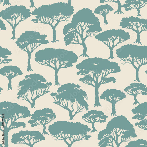 Vector abstract seamless floral pattern. Fantasy pine tree silhouette. Beige and green background. Arbor Day wallpaper. Textile print, batik, wrapping paper, page fill
