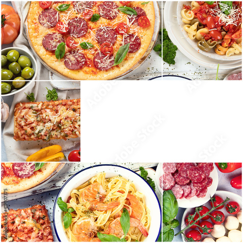 Collage of traditional Italian foods with pizza, pasta, olives, vegetables.