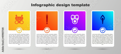 Set Gas mask, Police rubber baton, and Torch flame. Business infographic template. Vector.