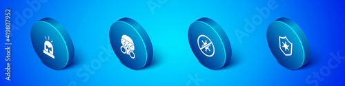 Set Isometric Flasher siren, Protest, Police badge and Gas mask icon. Vector.
