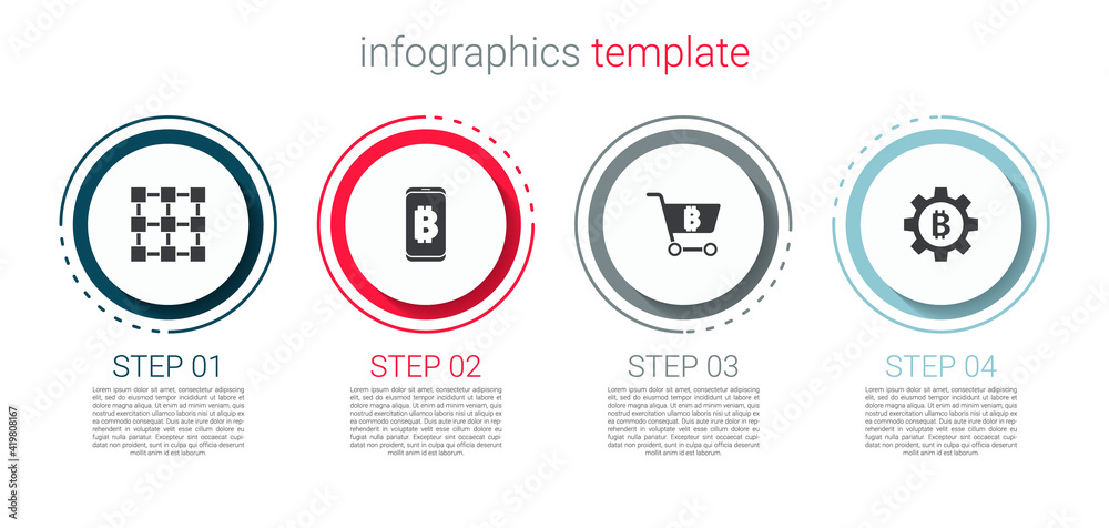 Set Blockchain technology, Mining bitcoin from mobile, Shopping cart with and Cryptocurrency Bitcoin. Business infographic template. Vector. Set Blockchain technology, Mining bitcoin from mobile, Shopping cart with and Cryptocurrency Bitcoin. Business infographic template. Vector.