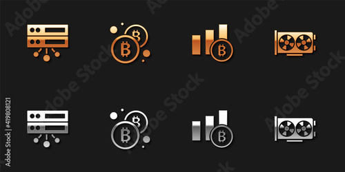 Set Server, Bitcoin, Pie chart infographic bitcoin and Video card icon. Vector.