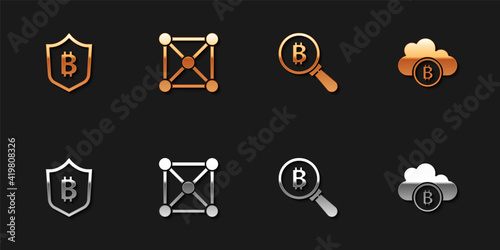 Set Shield with bitcoin, Blockchain technology, Magnifying glass Bitcoin and Cryptocurrency cloud mining icon. Vector.