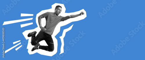 African-american man flying like superhero. Collage in magazine style with bright blue background. Flyer with trendy colors, copyspace for ad. Discount, sales season, fashion and style concept.