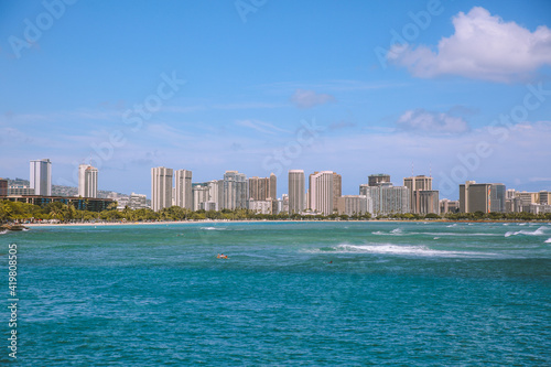 Coastal city view at Kakaako Waterfront Park, Honolulu, Oahu, Hawaii 