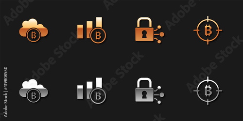 Set Cryptocurrency cloud mining, Pie chart infographic bitcoin, Lock with and Bitcoin the target icon. Vector.