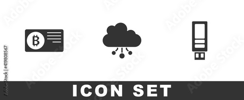 Set Credit card with bitcoin, Cryptocurrency cloud mining and USB flash drive icon. Vector.