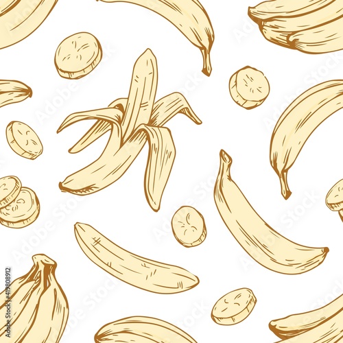 Seamless banana pattern on white background. Endless repeatable texture with peeled fruits and their slices for wrapping. Hand-drawn monochrome vector illustration of fruity backdrop in retro style