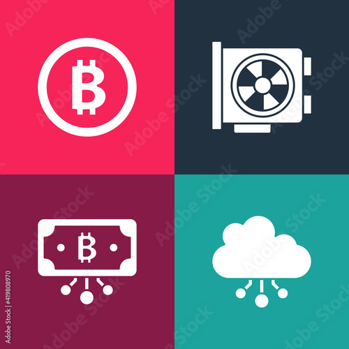 Set pop art Cryptocurrency cloud mining, Bitcoin with circuit, Video graphic card and icon. Vector.