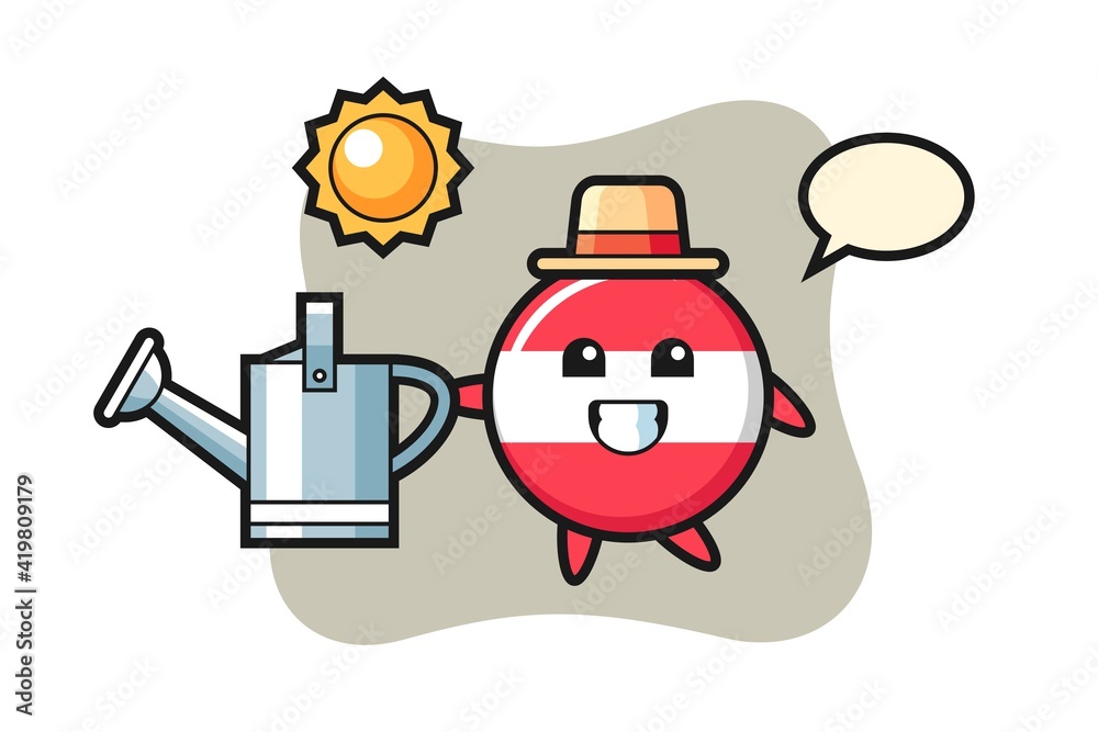 Cartoon character of austria flag badge holding watering can
