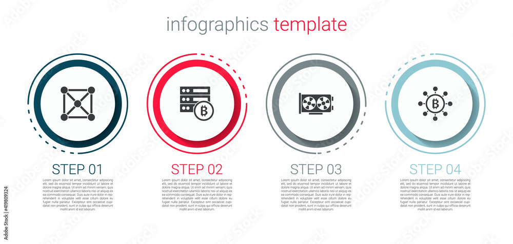 Set Blockchain technology, Server bitcoin, Video graphic card and Bitcoin. Business infographic template. Vector. Set Blockchain technology, Server bitcoin, Video graphic card and Bitcoin. Business infographic template. Vector.