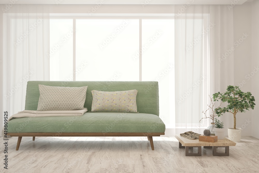 Fototapeta premium White living room with sofa. Scandinavian interior design. 3D illustration