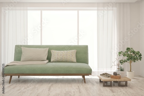 White living room with sofa. Scandinavian interior design. 3D illustration