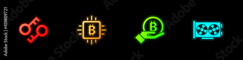 Set Cryptocurrency key, CPU mining farm, Hand holding Bitcoin and Video graphic card icon. Vector.