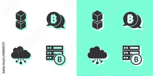 Set Server bitcoin, Blockchain technology, Cryptocurrency cloud mining and Bitcoin icon. Vector.