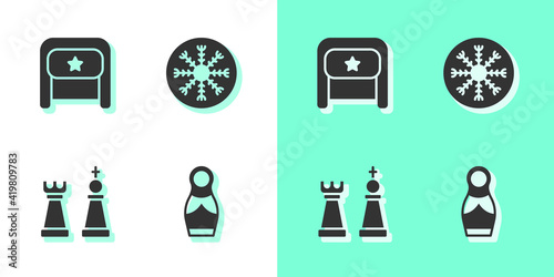 Set Russian doll matryoshka, Ushanka, Chess and Snowflake icon. Vector.