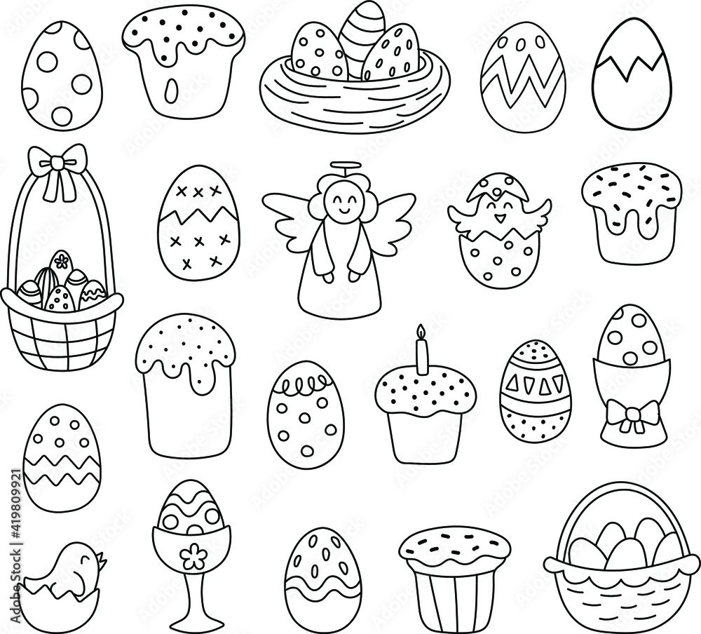 Easter doodle set, linear vector illustration. hand drawn style symbols and objects eggs, cake, candle chicken, angel, spring. simple, black drawing for sticker, decor, postcard, icon, coloring page, 
