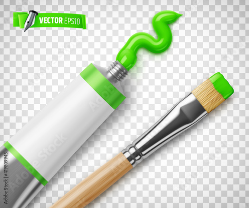 Tube de peinture vert et pinceau vectoriels sur fond transparent