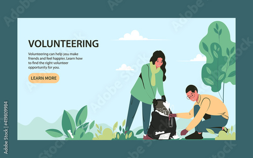 Volunteering landing page. Young people clean up garbage, take care and protect the environment. Flat vector illustration