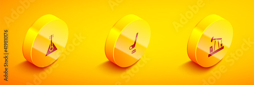 Set Isometric Balalaika, Ice hockey stick and puck and Oil pump or pump jack icon. Vector.