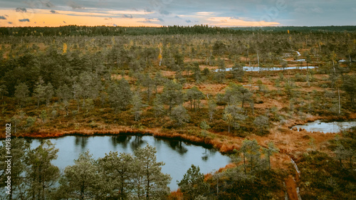 The Great Kemeri bog in the Kemeri National Park near Jurmala, Latvia during beautiful and colorful sunrise