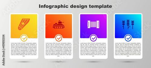 Set Kankles, Military tank, Accordion and Wheat. Business infographic template. Vector.