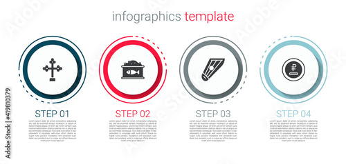Set Christian cross, Tin can with caviar, Kankles and Rouble, ruble currency. Business infographic template. Vector.