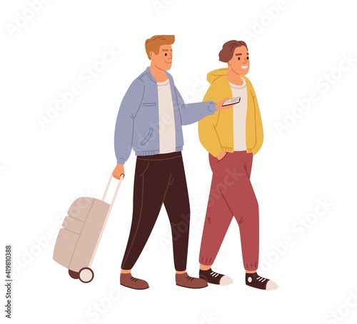 Happy friends walking with luggage. Love couple of young men traveling together with baggage. Colored flat vector illustration of tourists, travelers or passengers isolated on white background