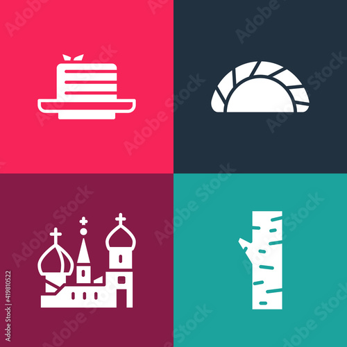 Set pop art Birch tree, Saint Basil's Cathedral, Dumpling and Medovik icon. Vector.