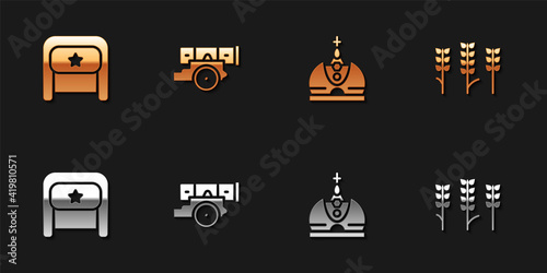 Set Ushanka, Cannon, King crown and Wheat icon. Vector.