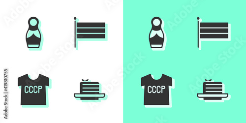 Set Medovik, Russian doll matryoshka, USSR t-shirt and National flag icon. Vector.