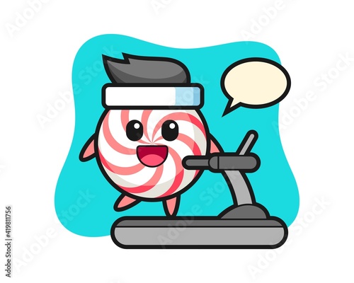 Candy cartoon character walking on the treadmill