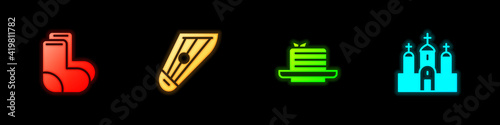 Set Valenki, Kankles, Medovik and Church building icon. Vector.