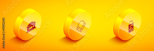 Set Isometric Tin can with caviar, Russian bagels and Pickled cucumbers jar icon. Vector.