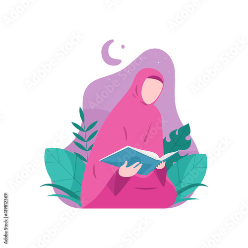 Muslim woman reading holy quran. Ramadan kareem flat cartoon vector illustration