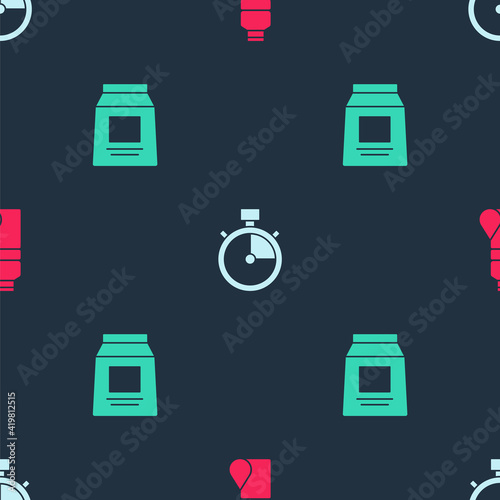 Set Fitness shaker, Stopwatch and Sports nutrition on seamless pattern. Vector.