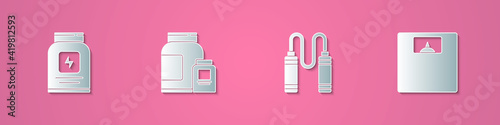 Set paper cut Sports nutrition, , Jump rope and Bathroom scales icon. Paper art style. Vector.